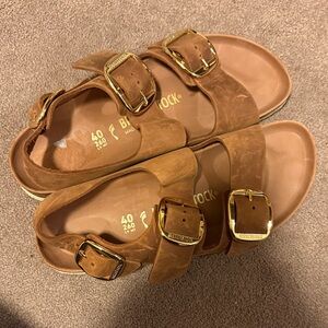 Birkenstock Tan Sandals with Shiny Gold Buckles